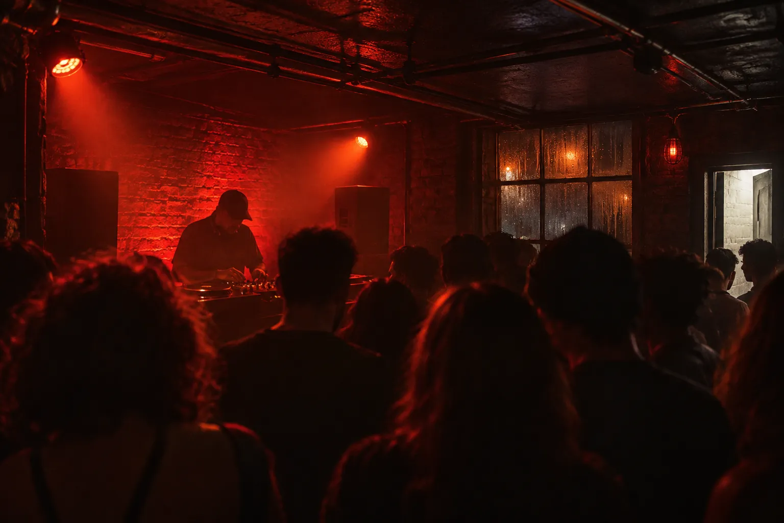 A small low-ceilinged side room with a DJ booth and a close crowd under red light