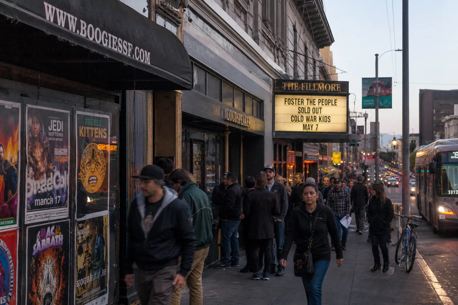 Storefront facade in San Francisco near a concert night crowd with people heading toward a nearby venue at dusk