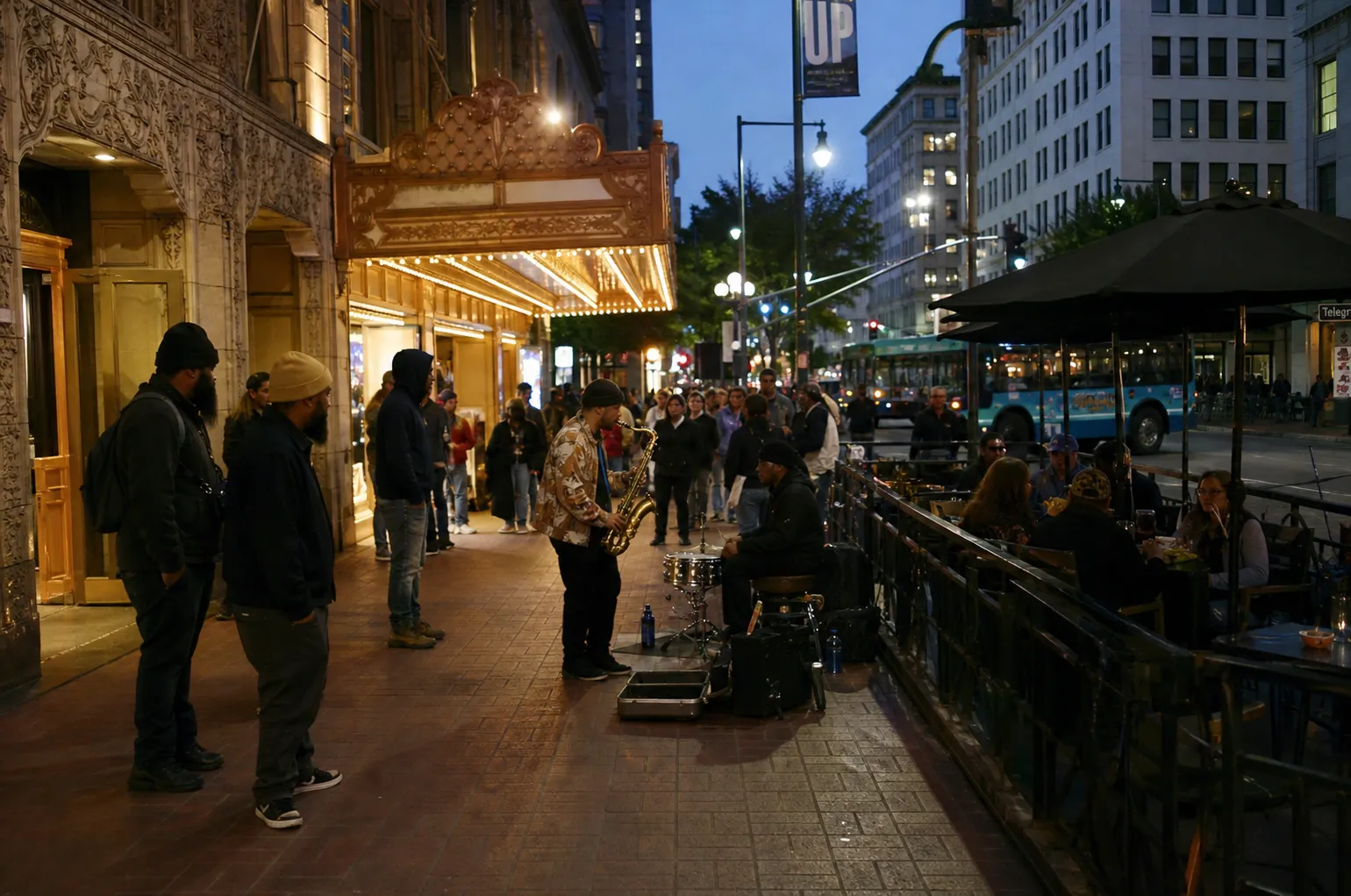 Oakland Uptown theater entrance with a live music crowd gathering at night