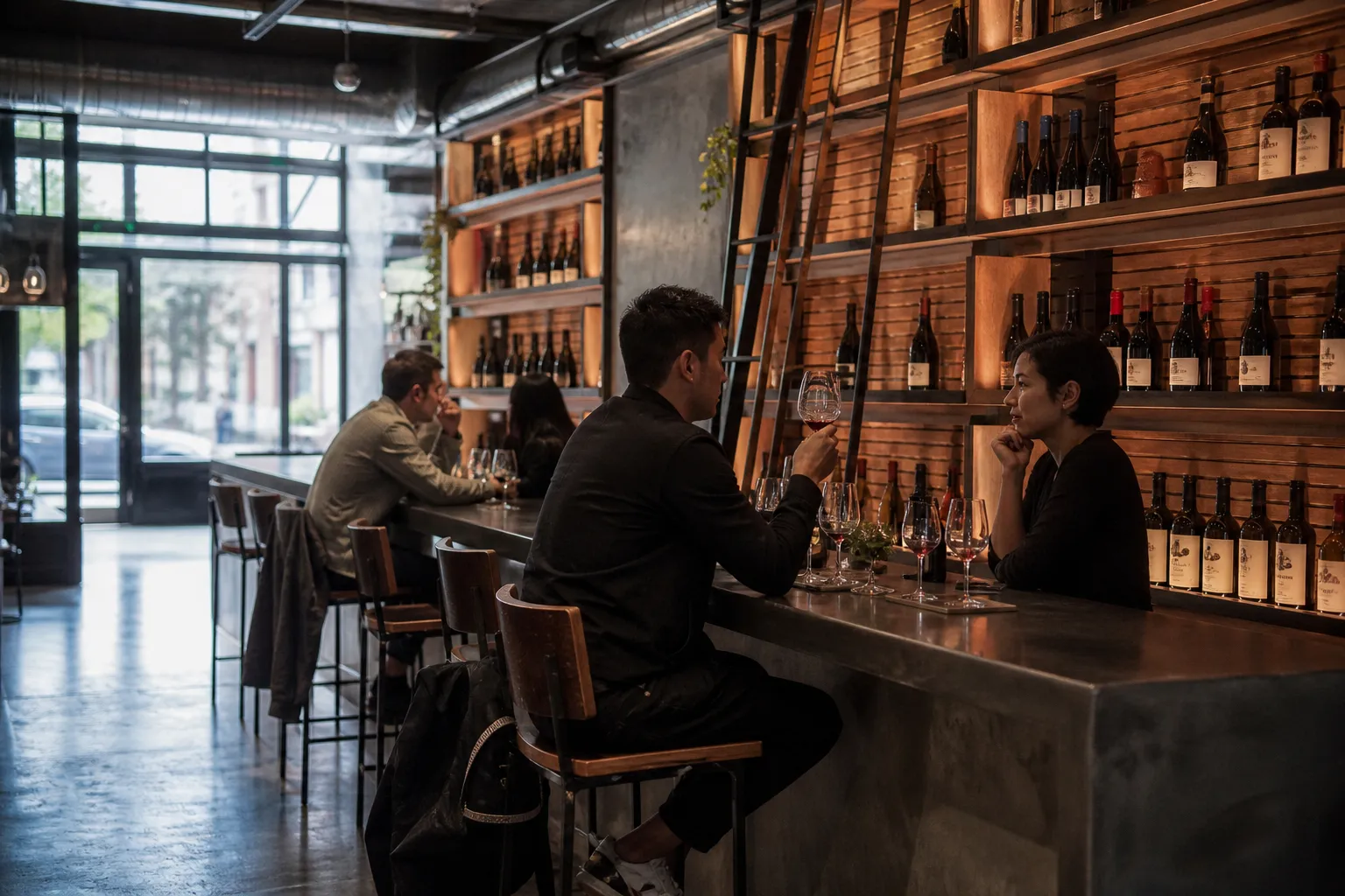 A modern, chic wine bar counter in San Francisco featuring backlit bottle displays and tasting flights.