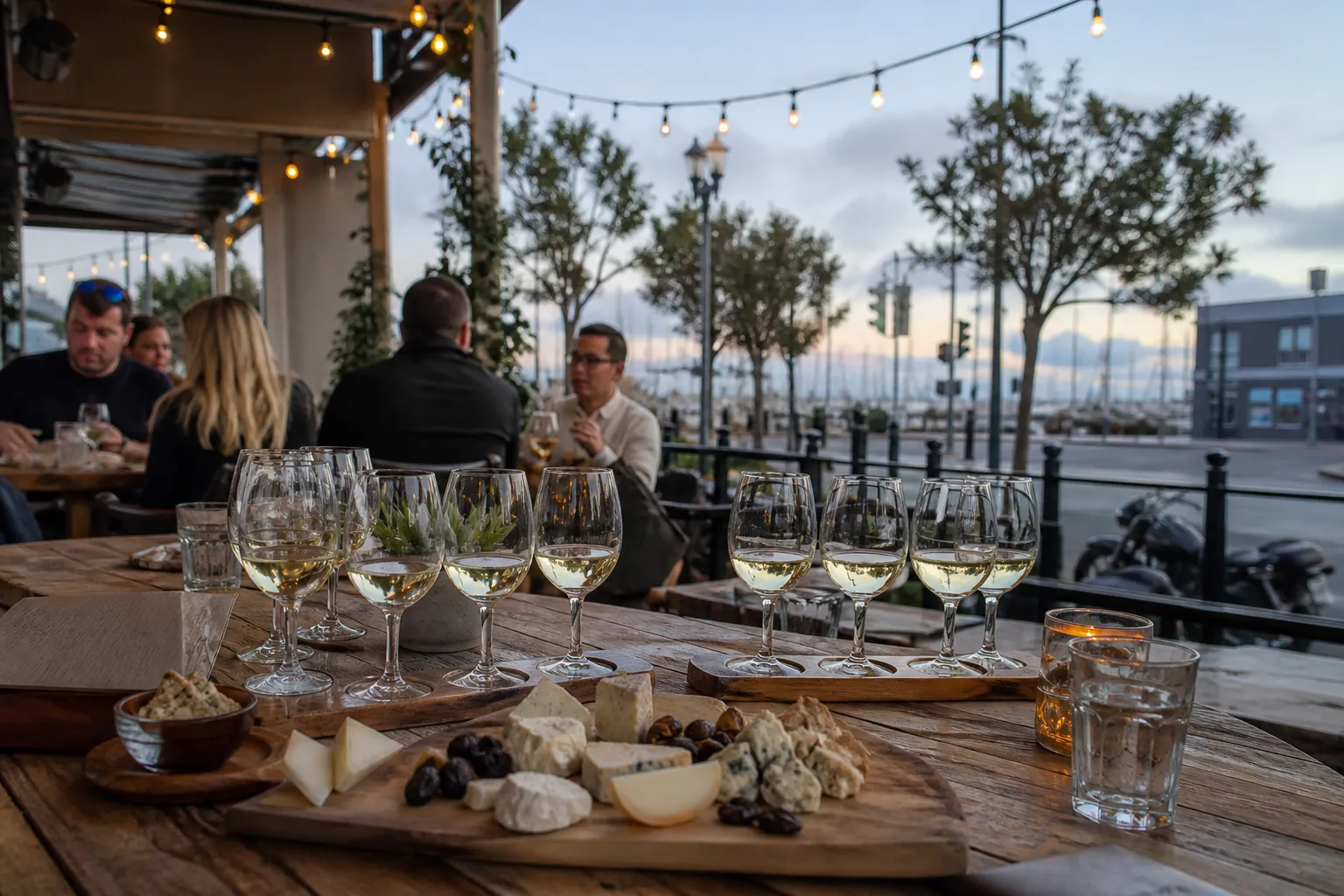 A cozy outdoor patio in the Marina district with wine flights and cheese boards.