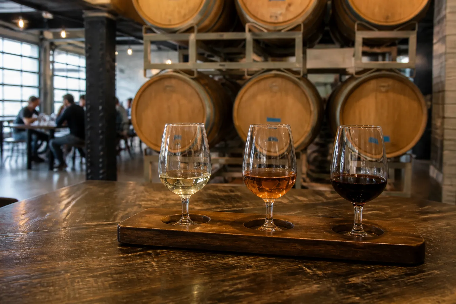 Three wine glasses on a wooden tasting paddle with aging barrels in the background.