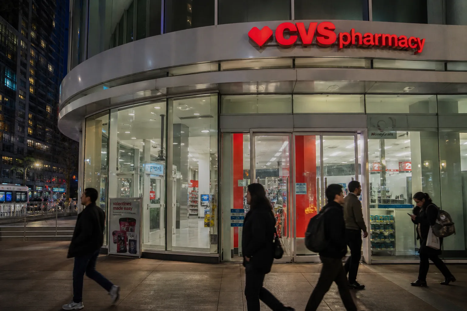The exterior entrance of the downtown San Francisco Metreon CVS at night under bright signage.