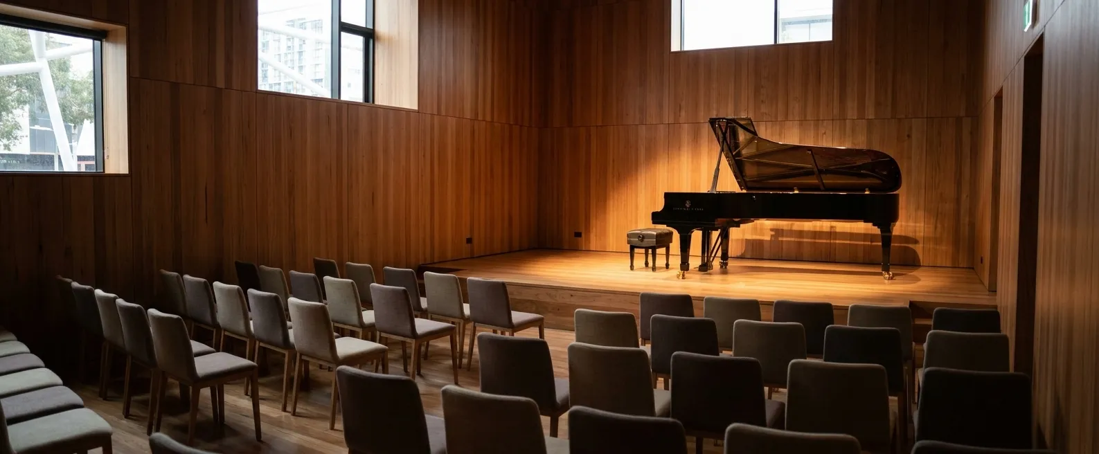 A small seated recital room with rows of upholstered chairs facing a low platform holding a grand piano under warm wood panelling