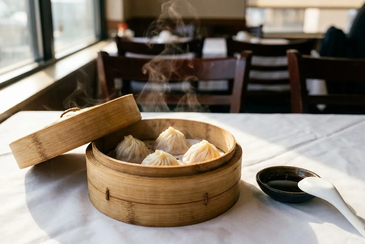 Open bamboo steamer with four Shanghai soup dumplings on white tablecloth, steam rising, soy sauce dish and spoon beside basket