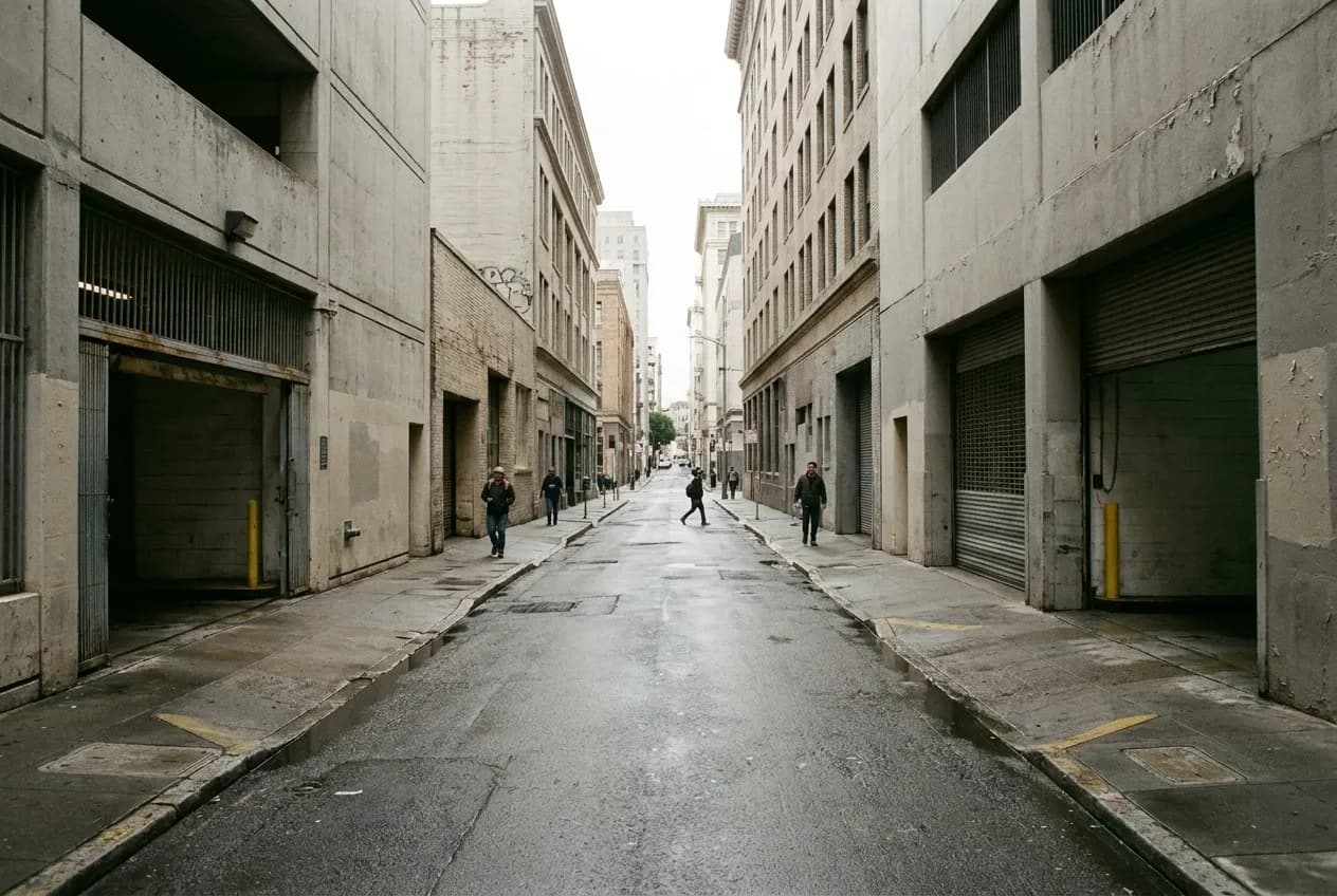 Stevenson Street alley in SoMa San Francisco, narrow block between Mission and Market with parking garages and plain building facades