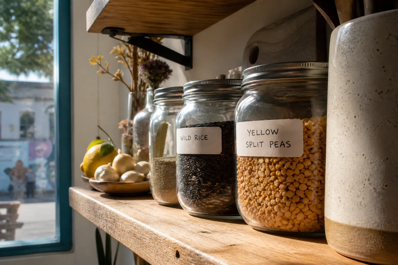 A modern San Francisco kitchen counter styled as a minimalist food still life, featuring clear glass pantry jars filled with dry grains and lemons against a white tiled backsplash.