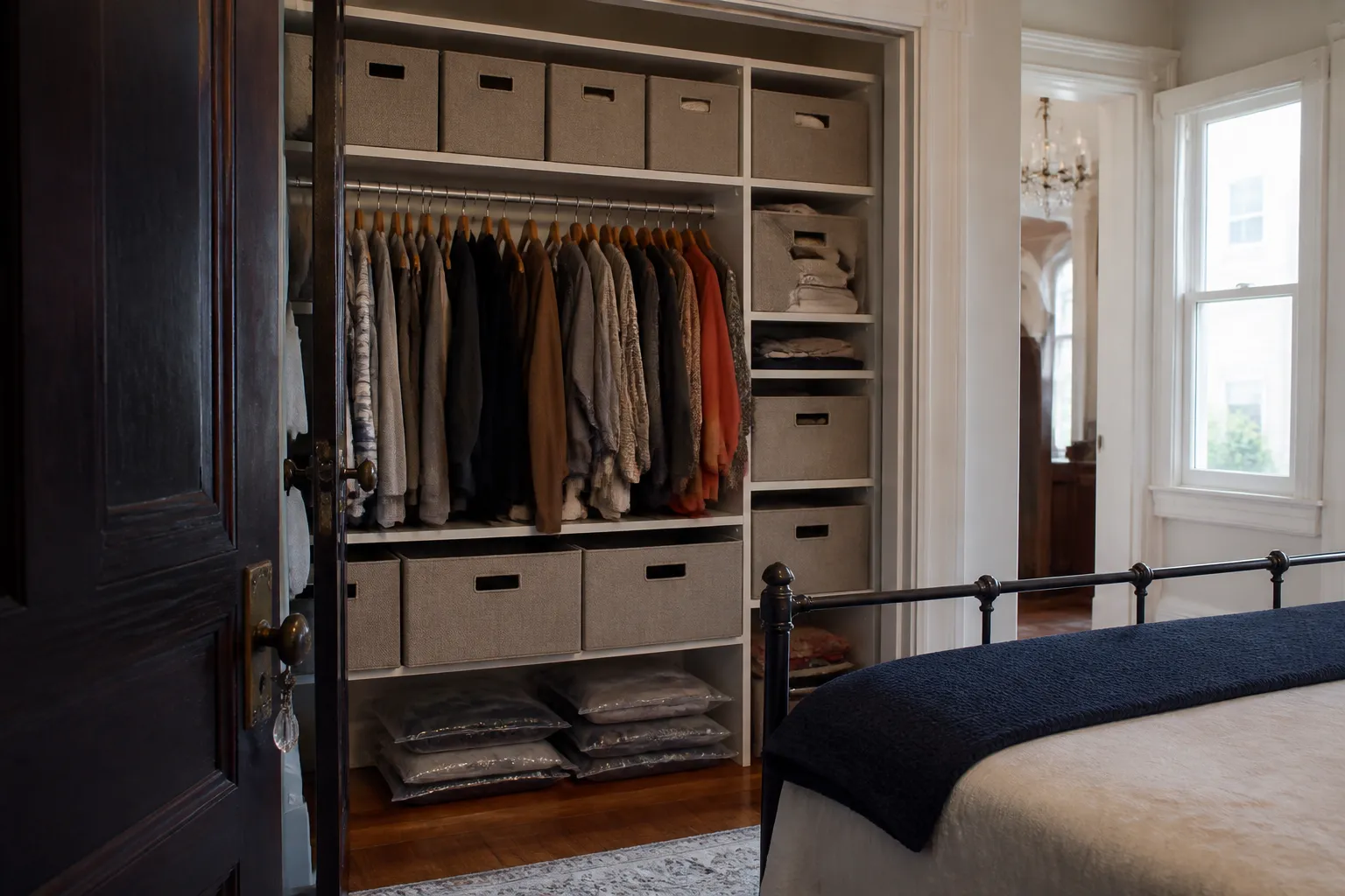 Neatly organized closet and under-bed storage bags in a compact urban bedroom.