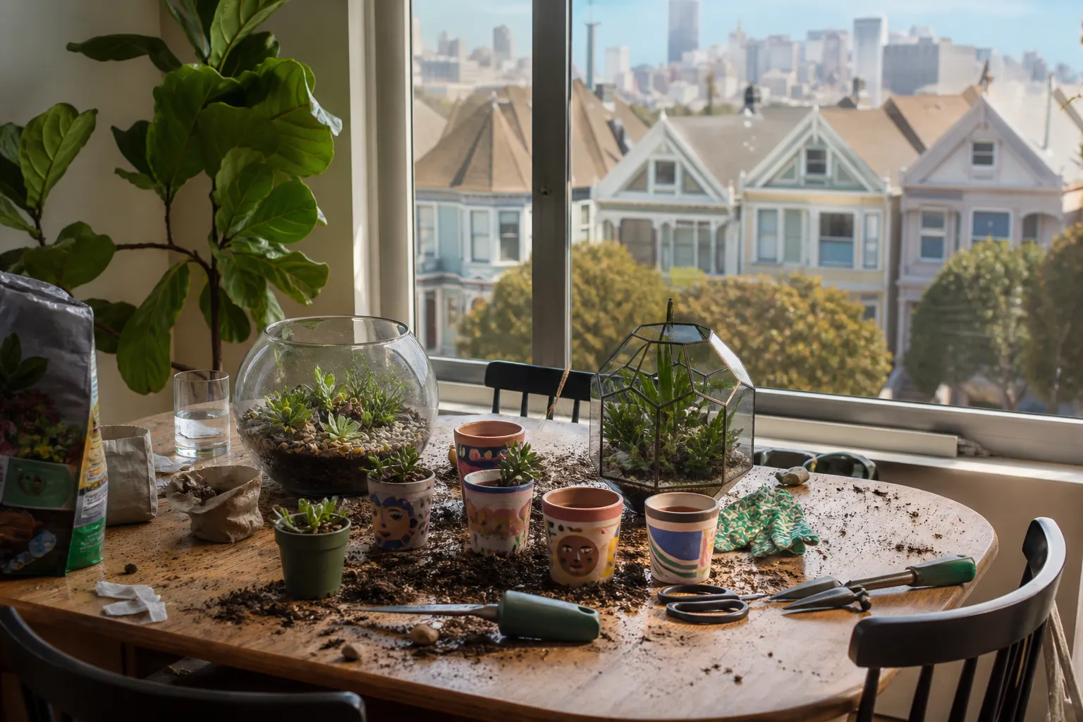 A collection of DIY potted succulents and crafting materials on a table overlooking San Francisco streetscapes.