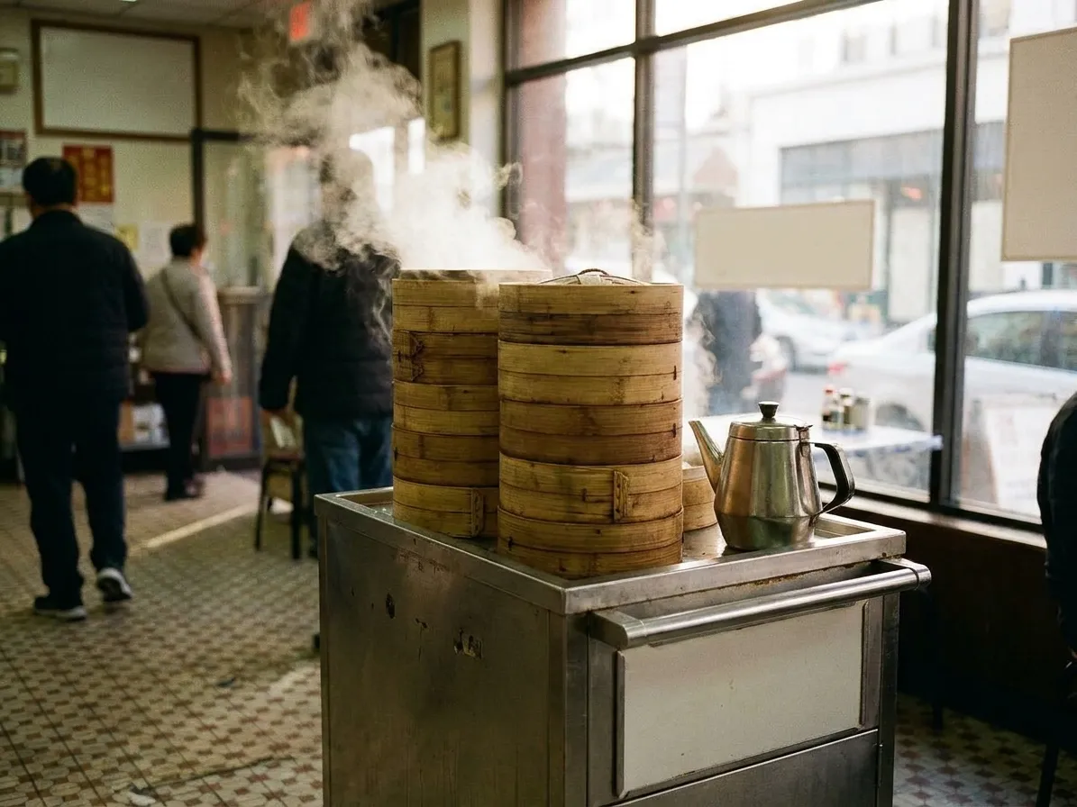 A stack of bamboo steamers on a stainless trolley in a Chinatown restaurant at seven in the morning with steam pouring from the top basket
