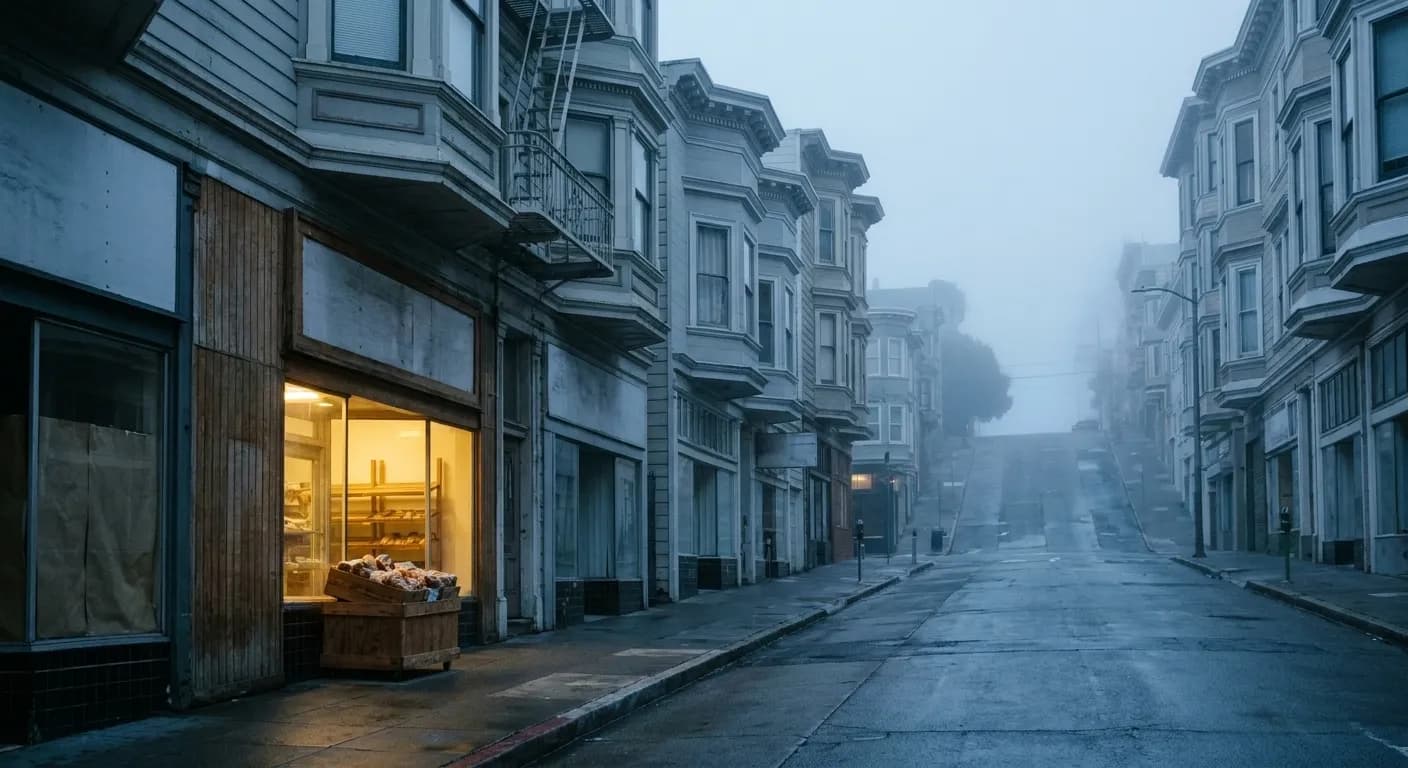 A San Francisco street just after dawn with fog held between the buildings, a steep hill at the end of the block and bakery lights on behind a window