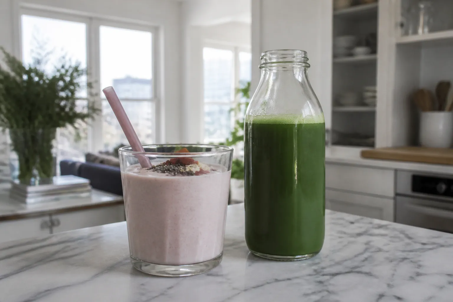 A minimalist wooden tabletop featuring a pastel pink collagen smoothie, a bottle of cold-pressed green juice, and organic raw snacks in clean packaging.