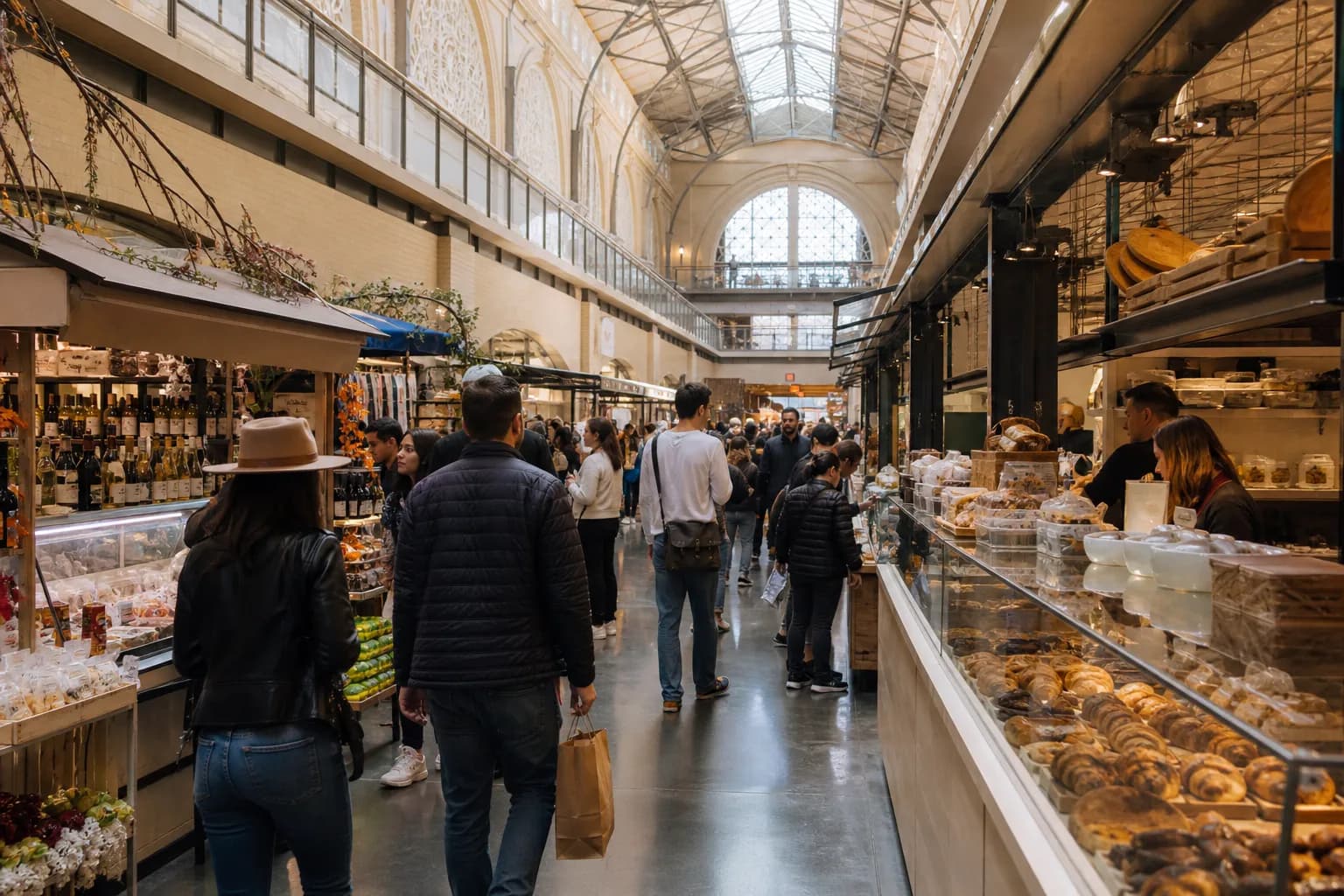 A bustling indoor market aisle in San Francisco's Ferry Building filled with local shoppers and food stalls.