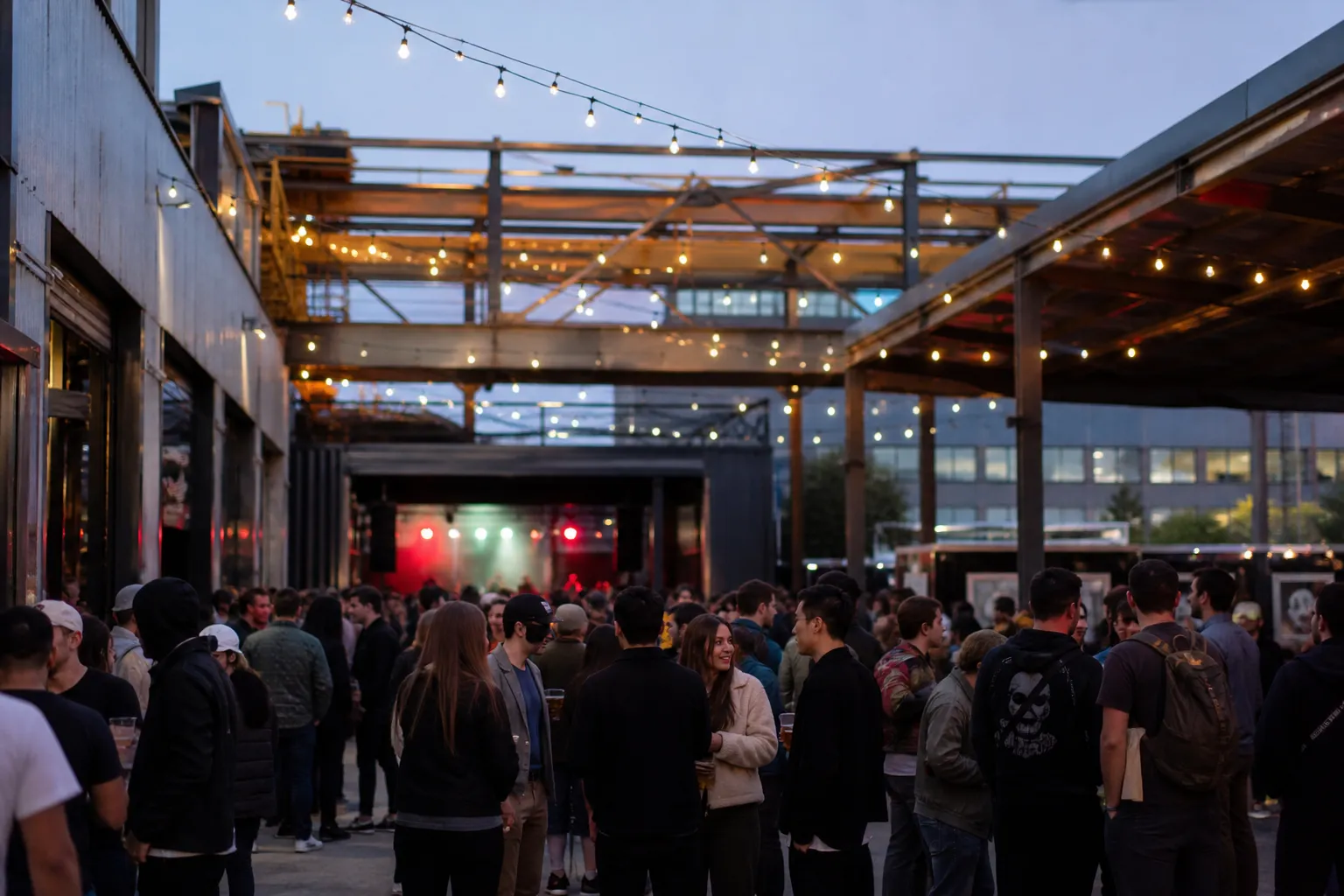 Outdoor social gathering at night with string lights and industrial backdrops at The Midway in San Francisco.