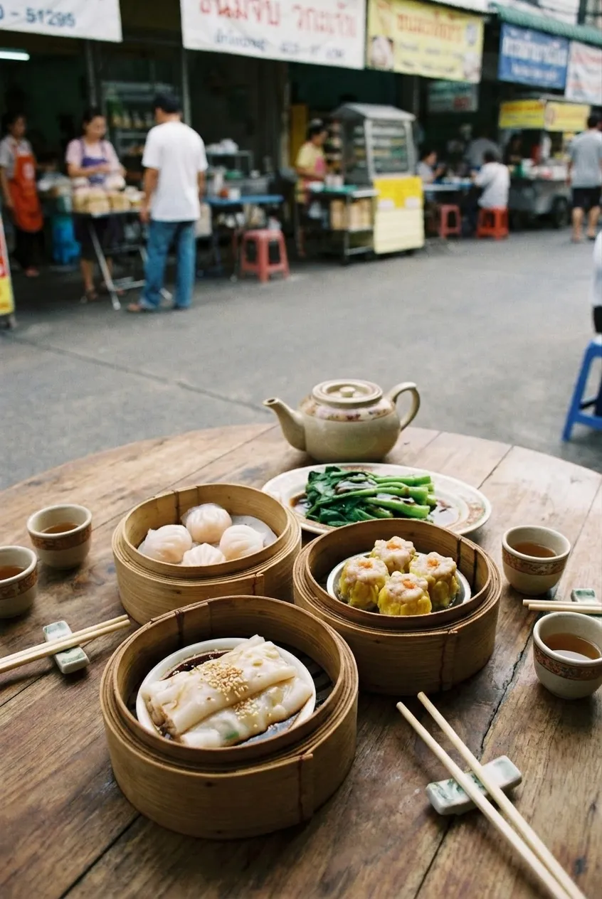 Open bamboo steamer baskets on a round table holding har gow, siu mai and rice noodle rolls beside a teapot and small cups