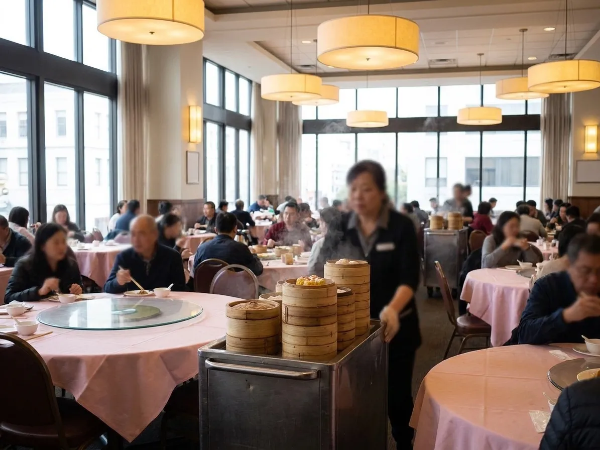 A large San Francisco dim sum hall in the morning with big round tables, pink tablecloths, lazy Susans and a rolling cart of bamboo steamers