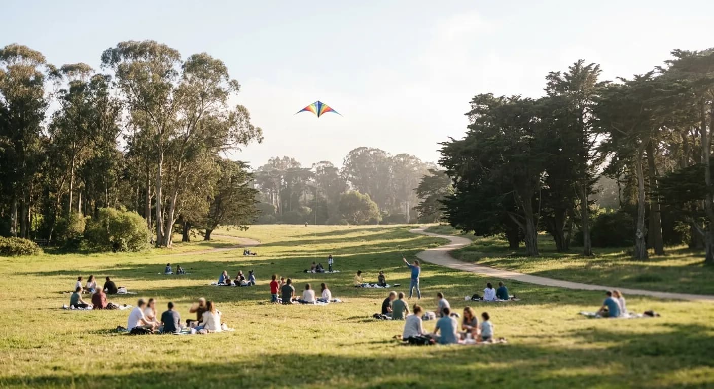 A wide park meadow on a bright afternoon with eucalyptus at the edges and people scattered on the grass with blankets and a kite