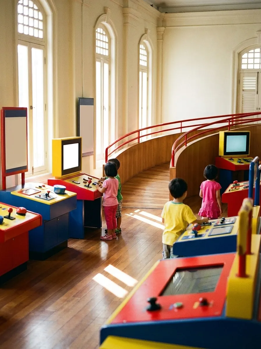 A bright family museum gallery with low interactive exhibits in primary colours and a curved ramp beside tall daylit windows