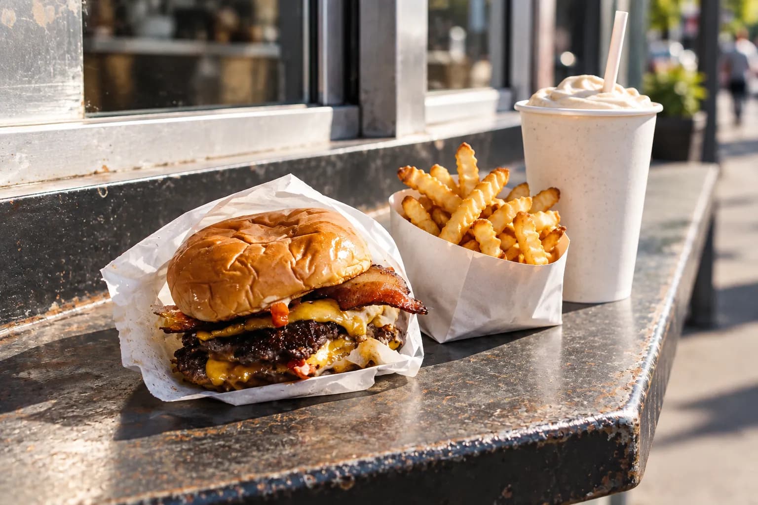 A cheeseburger, fries and a thick milkshake lined up on an outdoor counter ledge