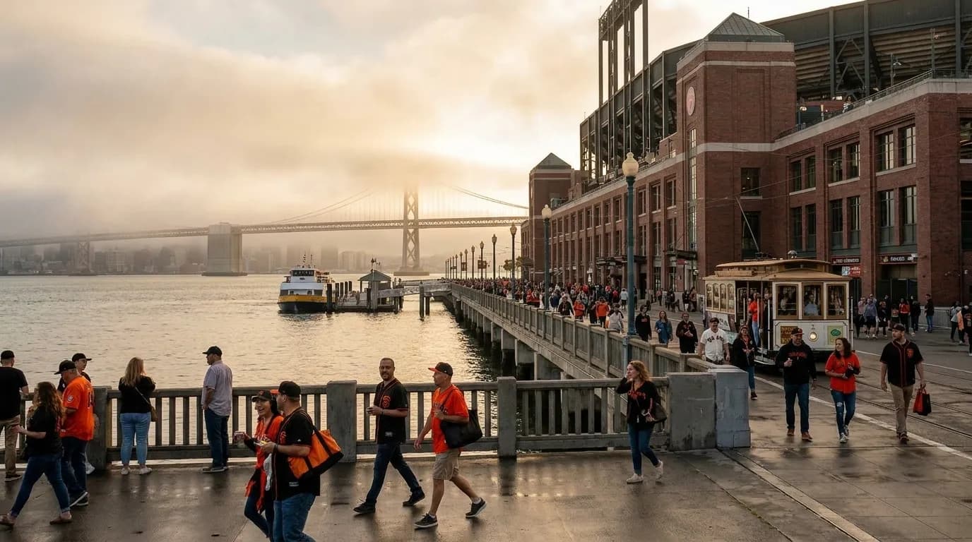 San Francisco neighborhood sports bar exterior with television screens visible through windows during evening game time