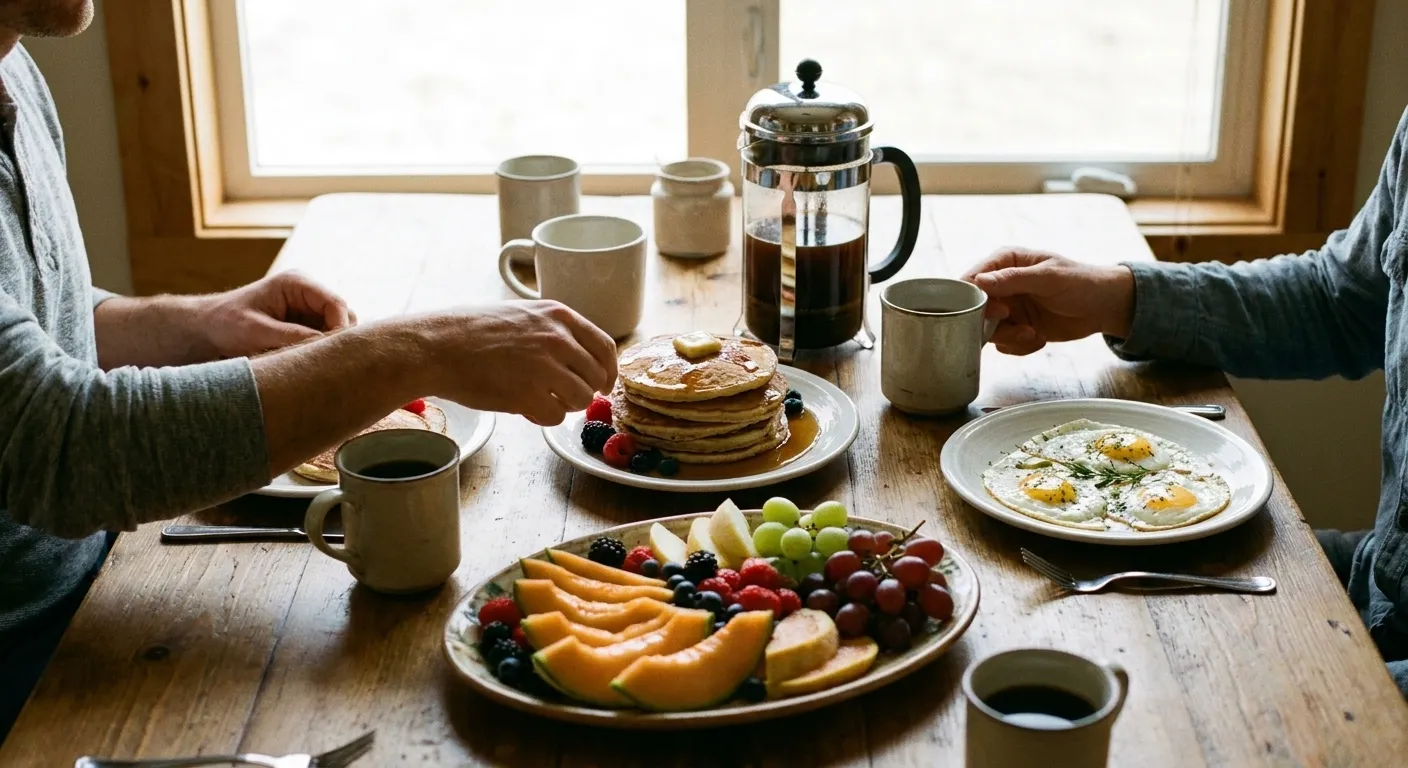 A breakfast spread across a table from above with pancakes, eggs, a fruit plate, a cafetiere and several cups