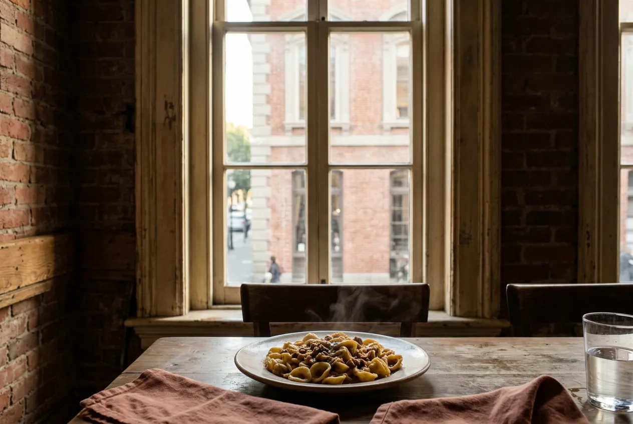 A plate of handmade pasta on a wooden table near a window with warm afternoon light in a San Francisco dining room