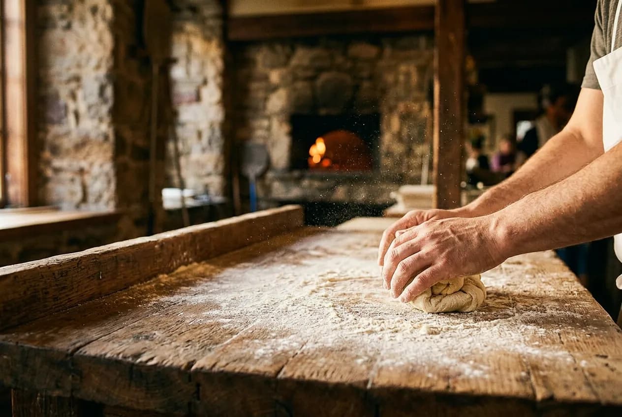 Close-up of dough being rolled by hand on a flour-dusted counter near a wood-burning oven's glow