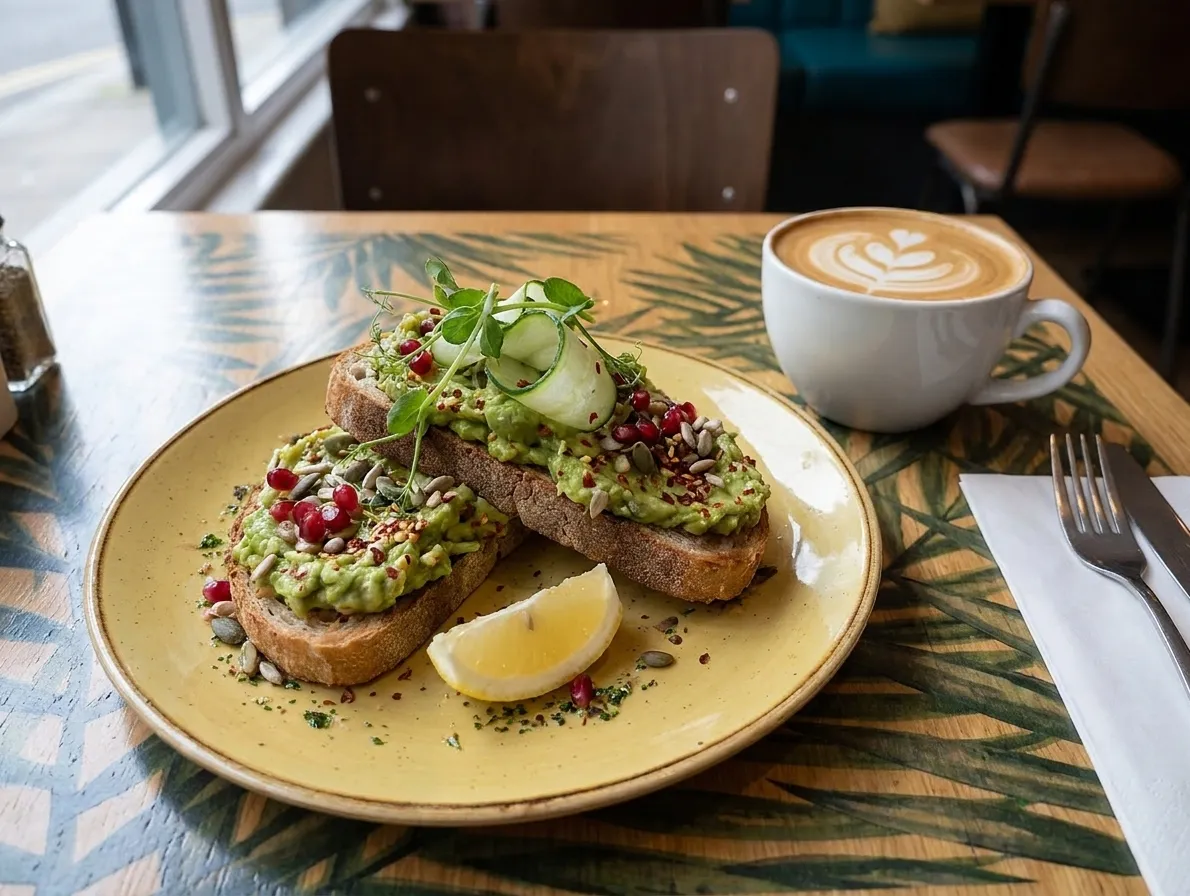 Two thick slices of toast topped with mashed avocado, chilli flakes, seeds and a lemon wedge on a ceramic plate beside a flat white