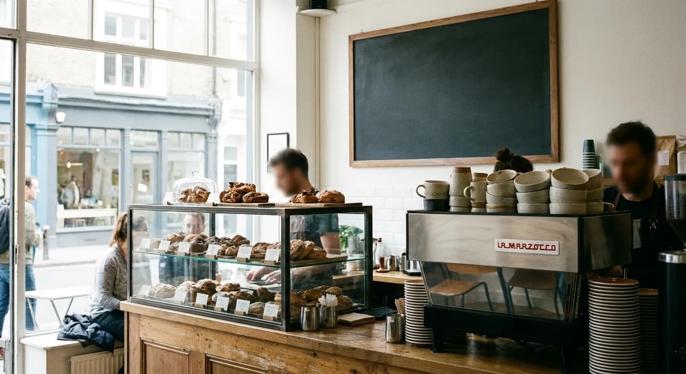 A bright cafe counter with a glass case of pastries and a stack of ceramic cups beside an espresso machine under a blank menu board