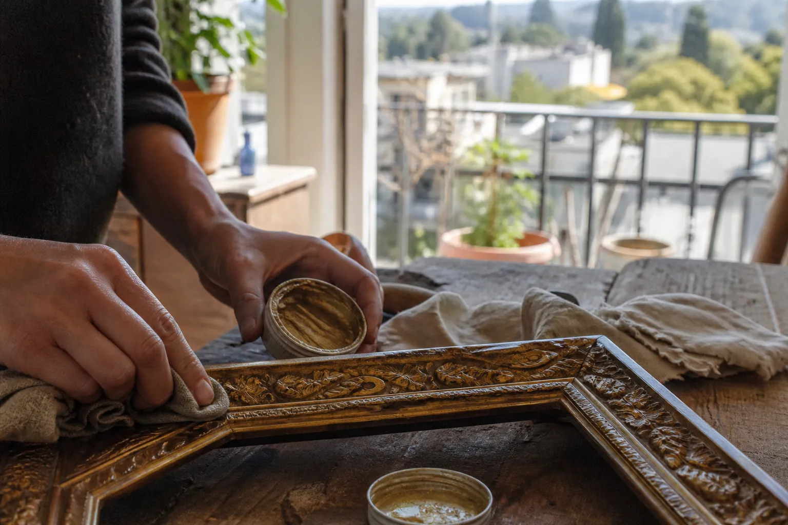 Close-up of hands applying gold wax to a vintage-style picture frame on a wooden table.