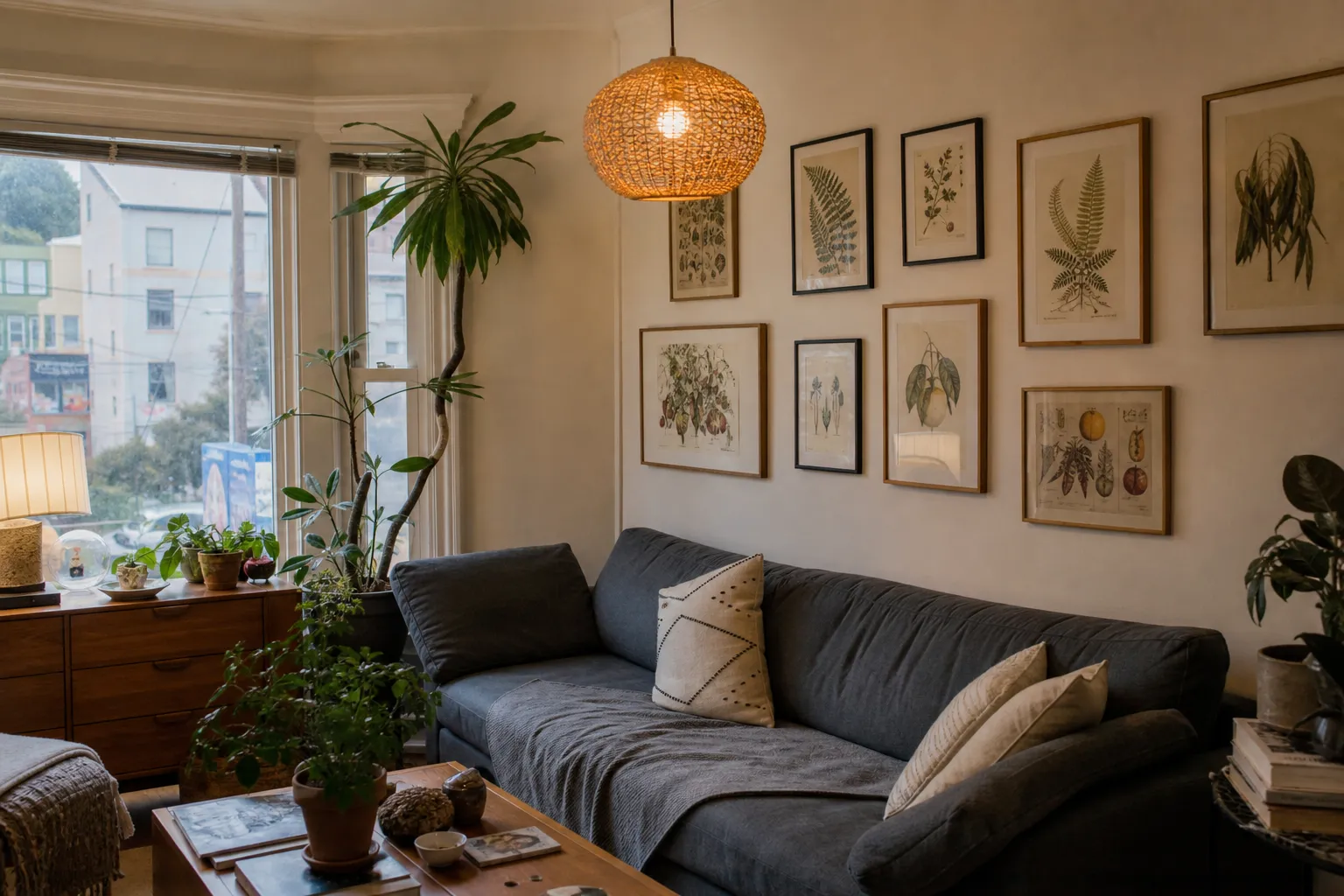 Cozy apartment corner with a glowing rattan pendant light illuminating a gallery wall.