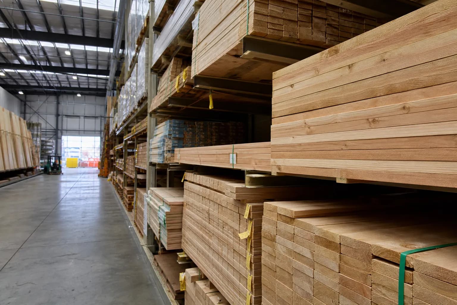 Rows of stacked lumber and construction materials inside a large warehouse home improvement store.