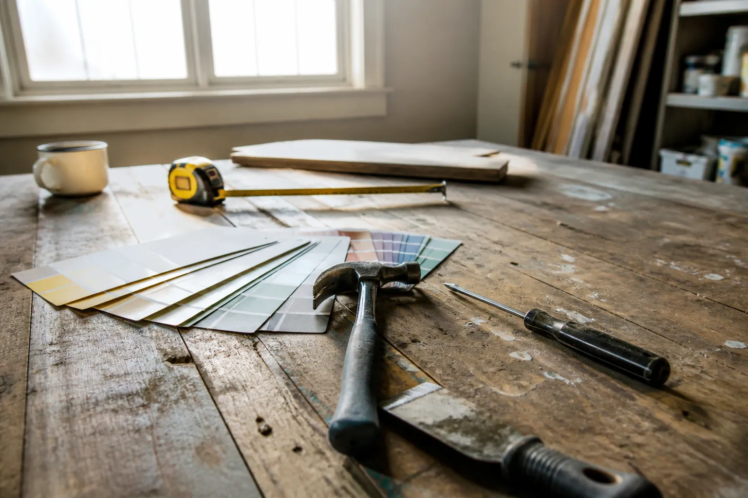 A flat lay of DIY tools, paint chips, and hardware supplies laid out on a workshop table.
