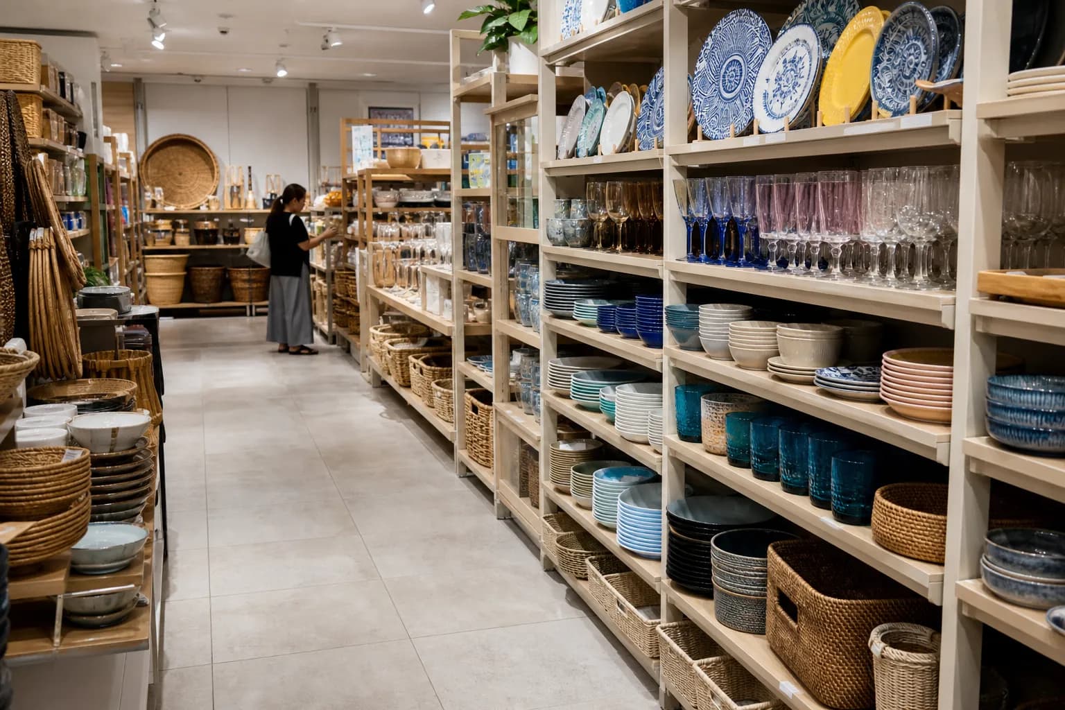 Shelves in a home decor store filled with colorful ceramics, glassware, and woven storage baskets.