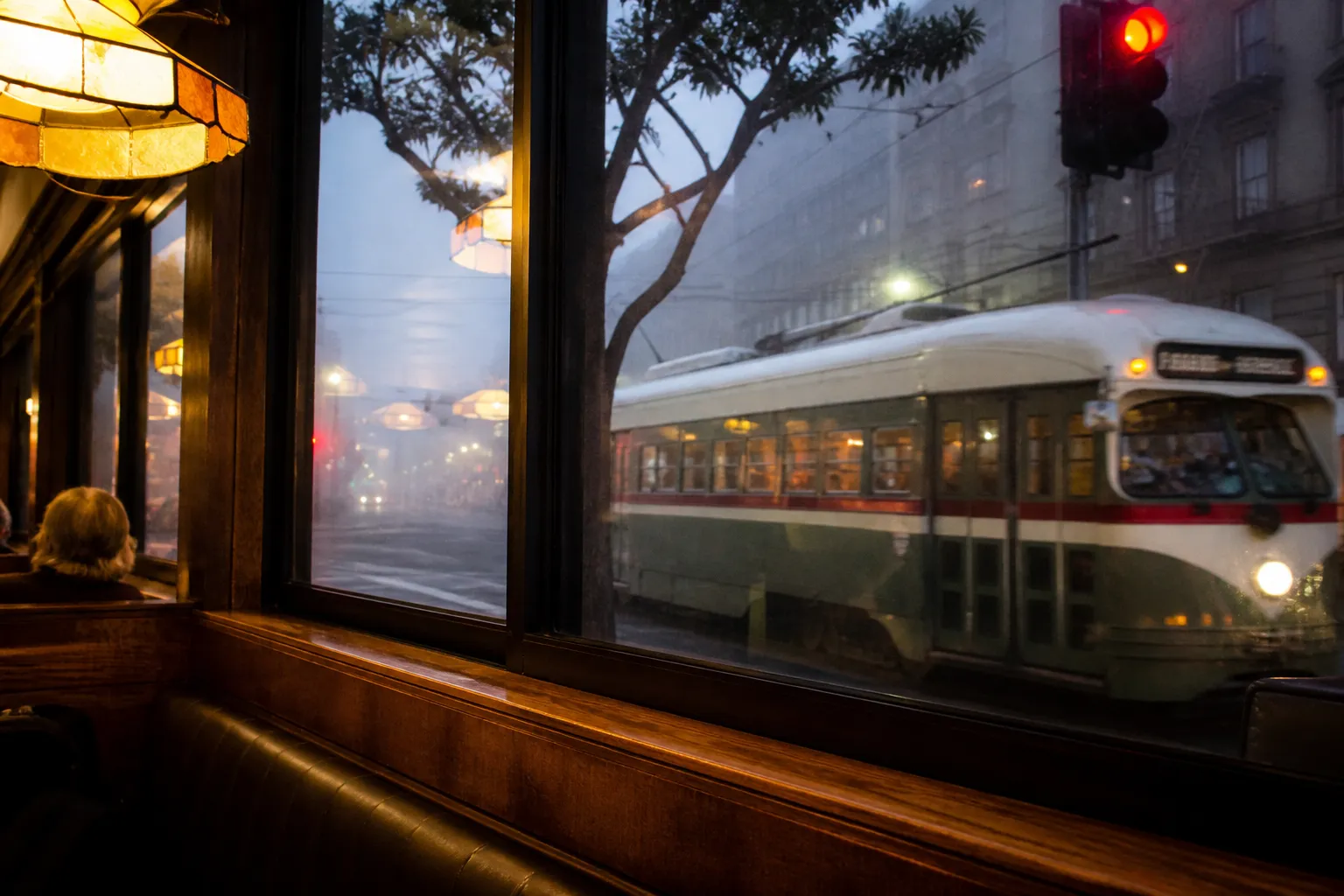 View from a window booth inside the Beach Street IHOP looking out at a historic streetcar at night.