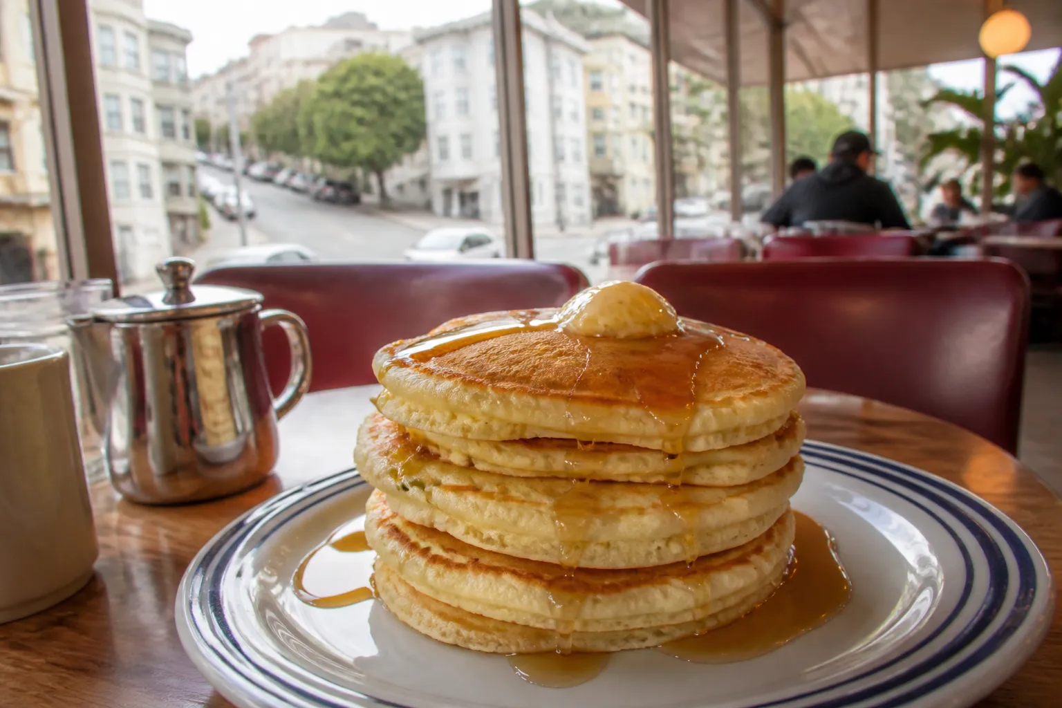 Close-up of a warm stack of buttermilk pancakes with melting butter and syrup in a diner.