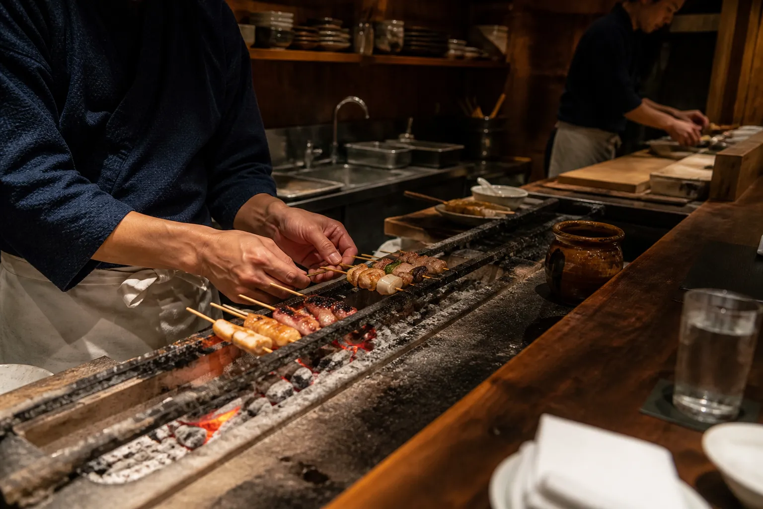 Chef grilling yakitori over charcoal at Rintaro's cedar counter.