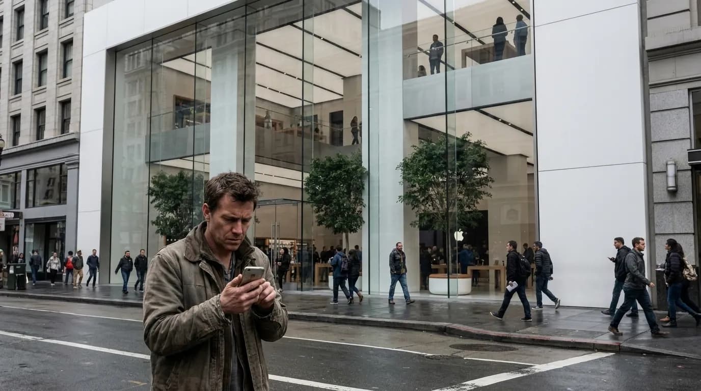 Person examining iPhone screen condition at Apple Union Square retail location in San Francisco