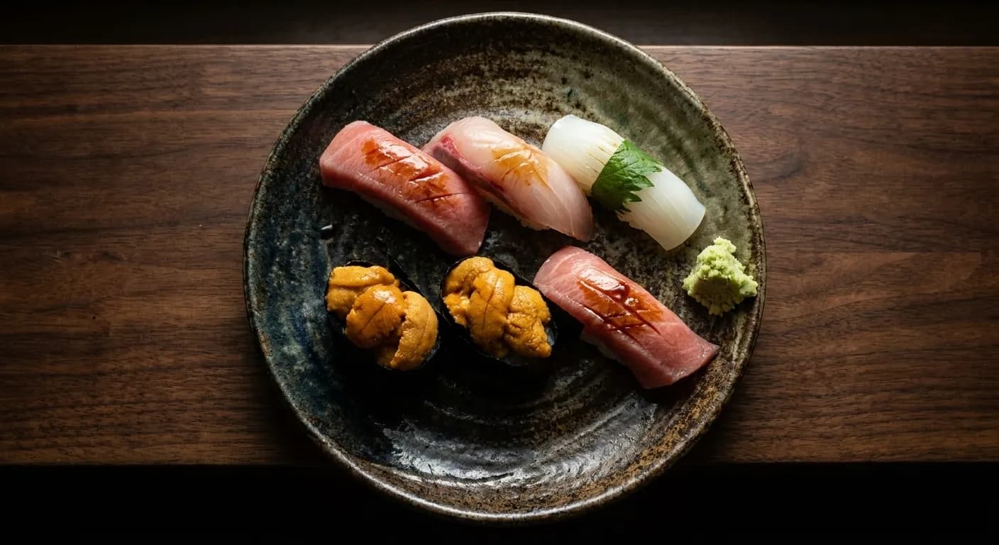 A close overhead view of six pieces of nigiri on a dark ceramic plate with a brush of glaze and grated wasabi at the side