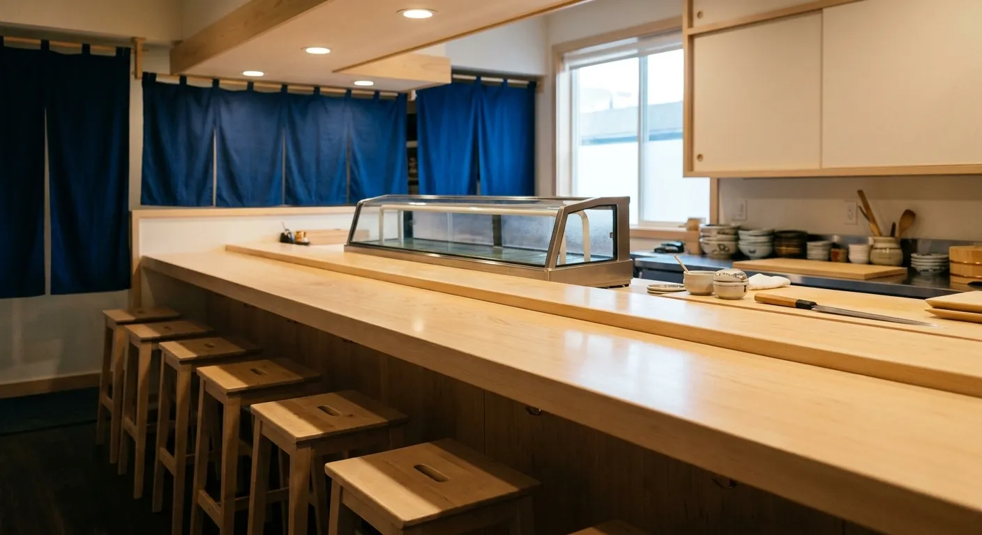 A small eight-seat sushi counter in San Francisco Japantown with a polished pale wood bar, glass neta case and empty stools before service