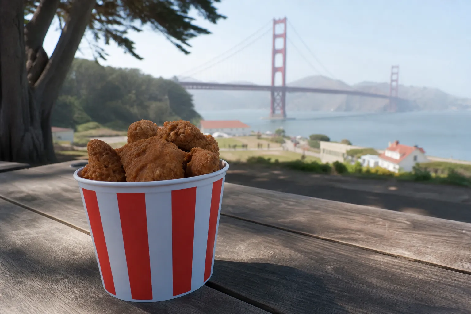 A close-up still life of crispy fried chicken drumsticks in a classic cardboard bucket on a wooden table with SF fog visible through the window.