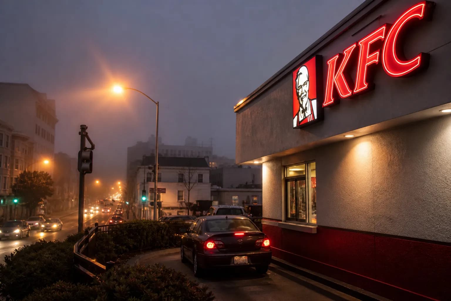The exterior drive-thru lane of the Geary Boulevard location in San Francisco at twilight.