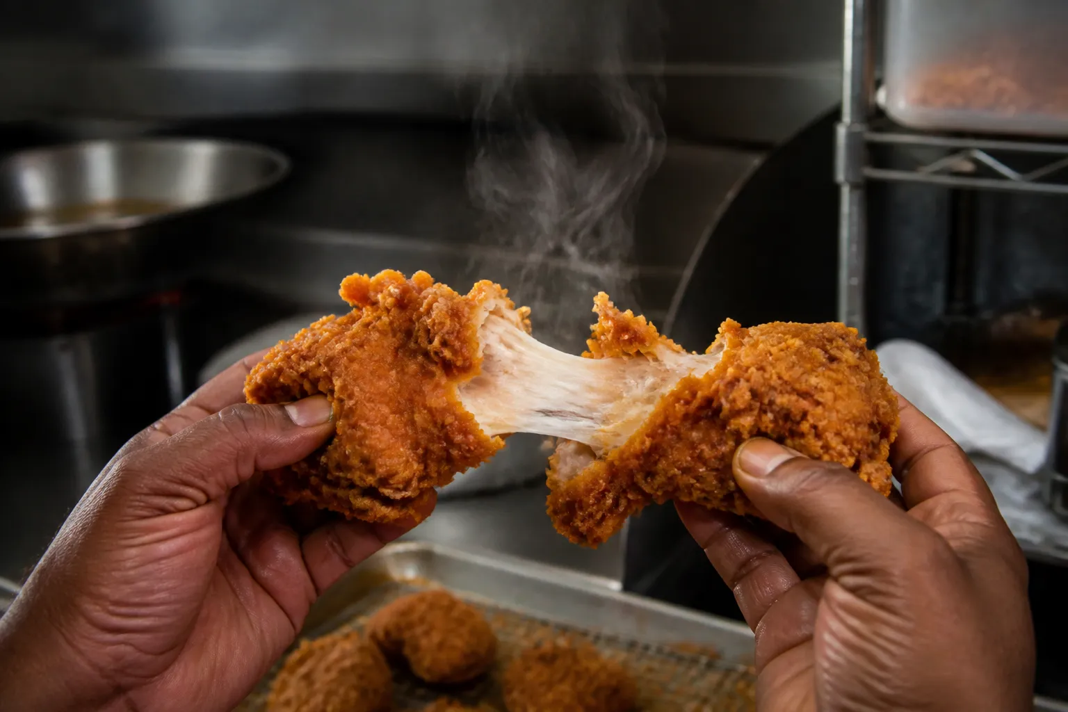 Close-up of crispy fried chicken drumstick being pulled apart with steam rising.