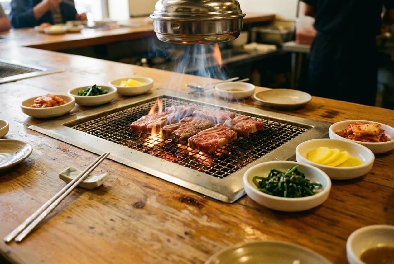Mesquite charcoal grill built into restaurant table with marinated kalbi short ribs searing over flames, banchan side dishes in small bowls surrounding the grill