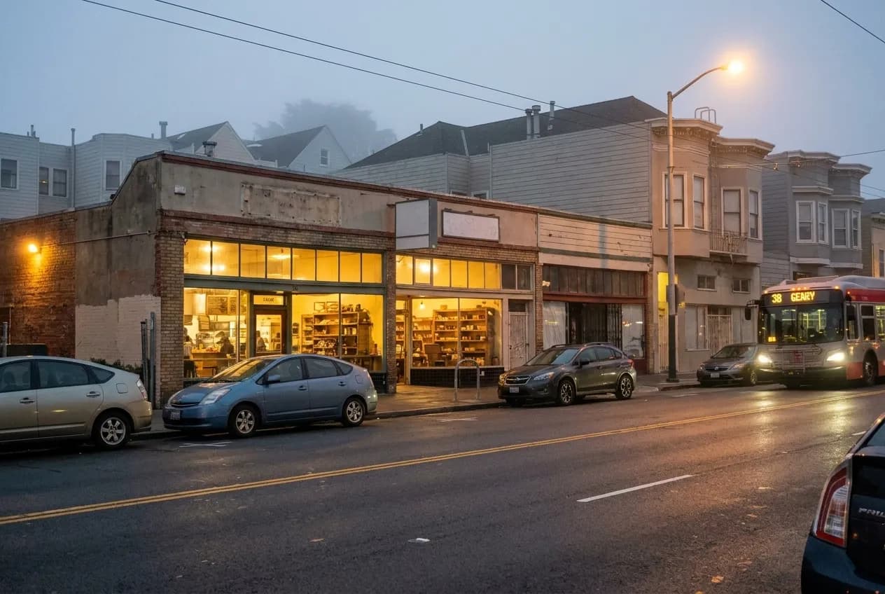 Brothers Korean BBQ storefront on Geary Boulevard at dusk, single-storey building with illuminated windows, Inner Richmond neighbourhood street scene