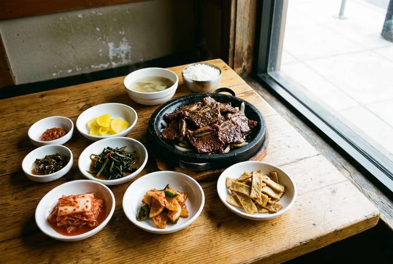 Gal-bi short ribs on black plate surrounded by dozen banchan side dishes and rice on wooden table