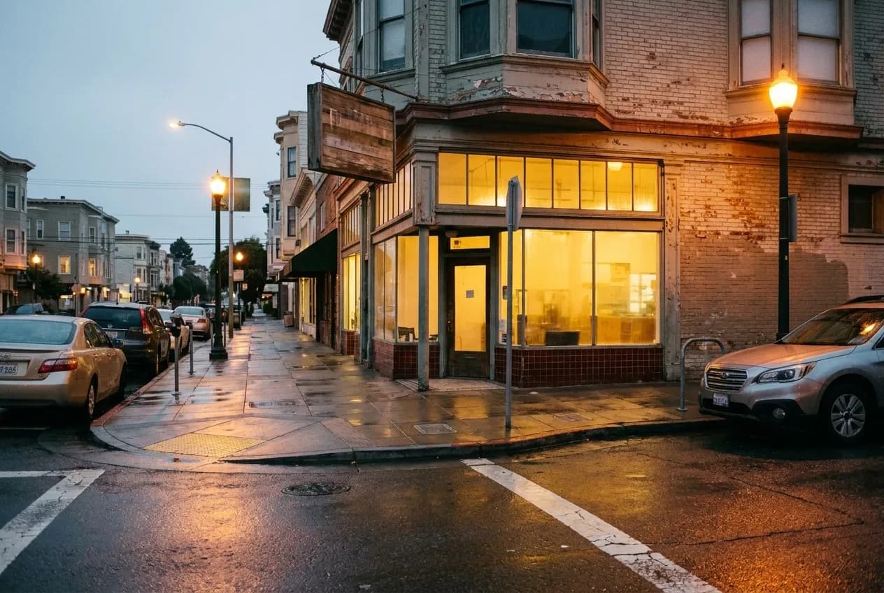 Han Il Kwan corner storefront at dusk with warm interior light and faded exterior signage on Balboa Street