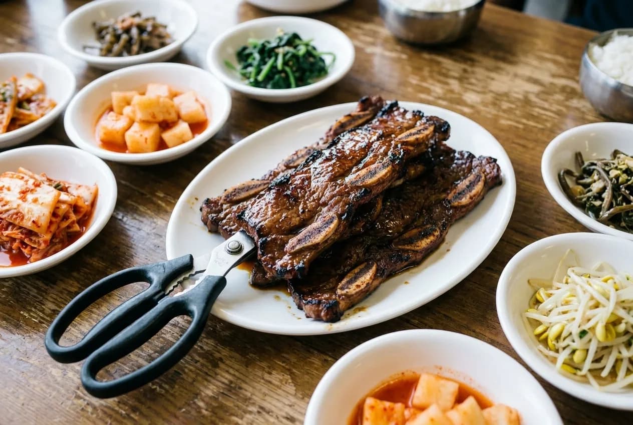 Marinated Korean short ribs on white plate with scissors and banchan side dishes on table at Muguboka