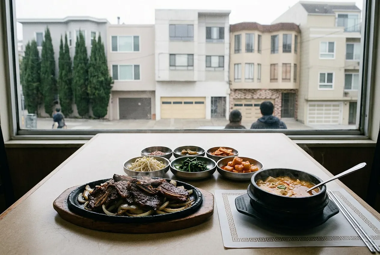 Charred marinated short rib and small banchan bowls on a plain table inside a Korean neighborhood restaurant