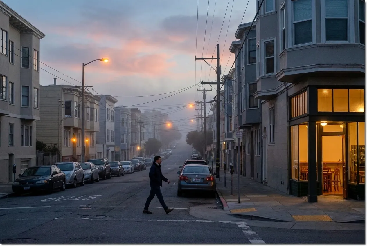 Balboa Street at dusk in Outer Richmond with lit storefronts and parked cars lining residential block
